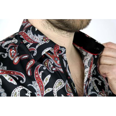 DANIEL BESSI Koszula męska fb543 paisley kwiaty czarna czerwona | Sklep GriShop.eu | Koszule