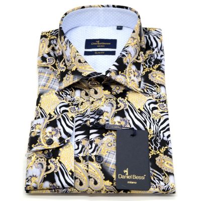 DANIEL BESSI Koszula męska fb486 paisley zebra czarny beżowy | Sklep GriShop.eu | Koszule