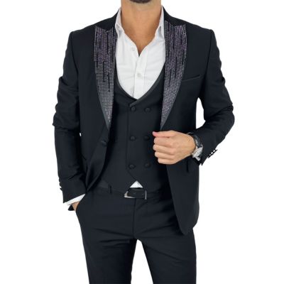 GIOVANNI PERA Garnitur MB01 czarny, ekskluzywny, sceniczny, ozdobne klapy - srebrne , czarne, dla Pana Młodego i nie tylko | Skl