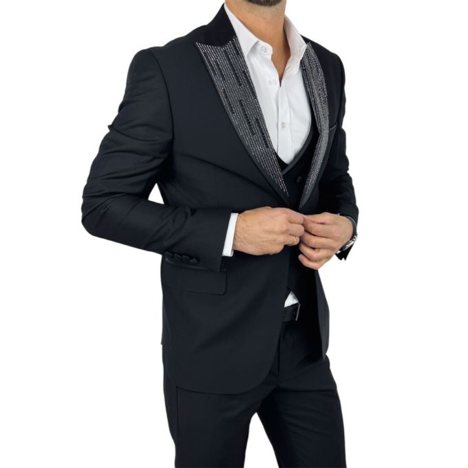 GIOVANNI PERA Garnitur MB01 czarny, ekskluzywny, sceniczny, ozdobne klapy - srebrne , czarne, dla Pana Młodego i nie tylko | Skl