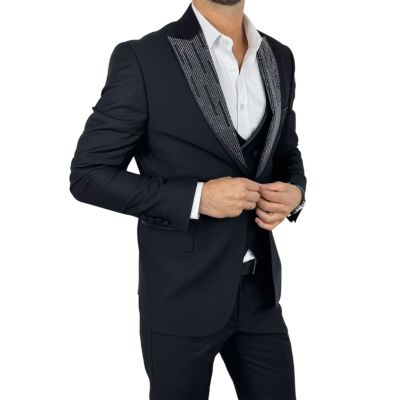 GIOVANNI PERA Garnitur MB01 czarny, ekskluzywny, sceniczny, ozdobne klapy - srebrne , czarne, dla Pana Młodego i nie tylko | Skl