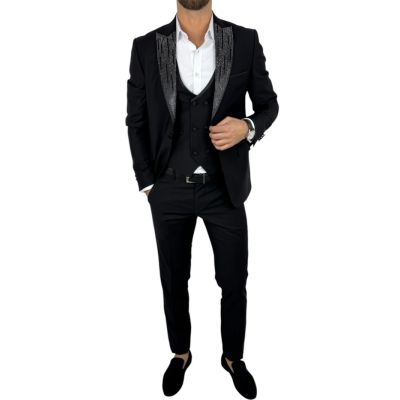 GIOVANNI PERA Garnitur MB01 czarny, ekskluzywny, sceniczny, ozdobne klapy - srebrne , czarne, dla Pana Młodego i nie tylko | Skl