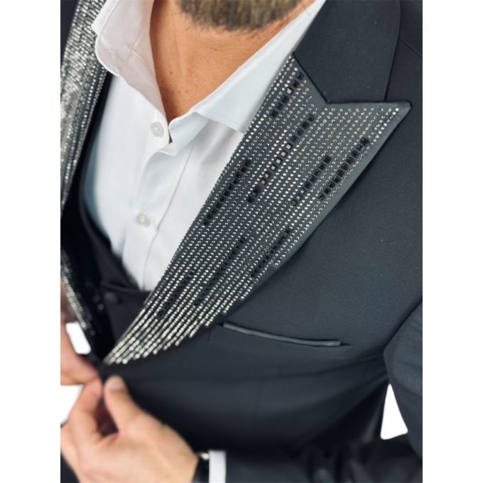 GIOVANNI PERA Garnitur MB01 czarny, ekskluzywny, sceniczny, ozdobne klapy - srebrne , czarne, dla Pana Młodego i nie tylko | Skl