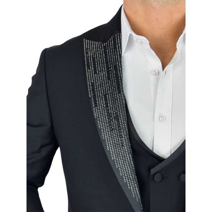 GIOVANNI PERA Garnitur MB01 czarny, ekskluzywny, sceniczny, ozdobne klapy - srebrne , czarne, dla Pana Młodego i nie tylko | Skl