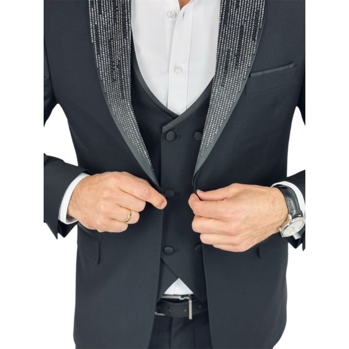 GIOVANNI PERA Garnitur MB01 czarny, ekskluzywny, sceniczny, ozdobne klapy - srebrne , czarne, dla Pana Młodego i nie tylko | Skl