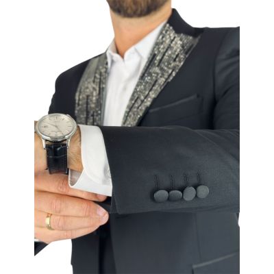 GIOVANNI PERA Garnitur MB01 czarny, ekskluzywny, sceniczny, ozdobne klapy - srebrne , czarne, dla Pana Młodego i nie tylko | Skl