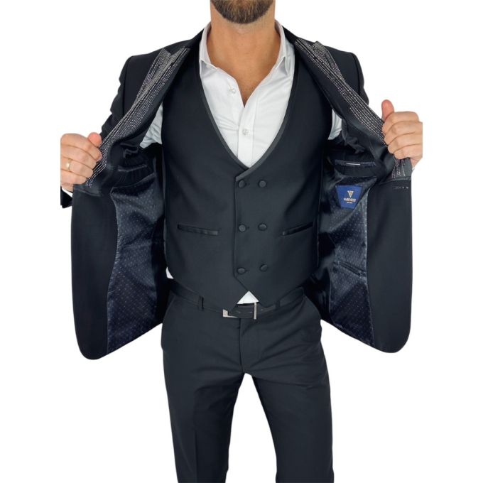 GIOVANNI PERA Garnitur MB01 czarny, ekskluzywny, sceniczny, ozdobne klapy - srebrne , czarne, dla Pana Młodego i nie tylko | Skl