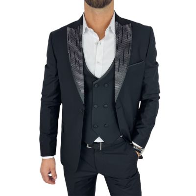GIOVANNI PERA Garnitur MB01 czarny, ekskluzywny, sceniczny, ozdobne klapy - srebrne , czarne, dla Pana Młodego i nie tylko | Skl