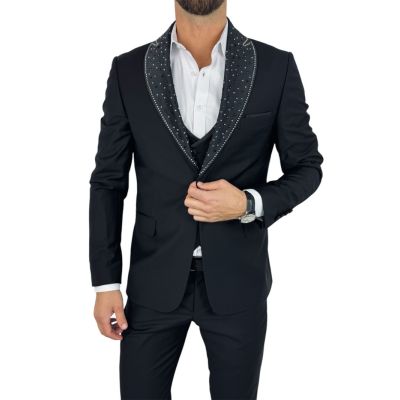 GIOVANNI PERA Garnitur MB02 czarny, ekskluzywny, sceniczny, ozdobne klapy - srebrne, czarne | Sklep GriShop.eu | Garnitury