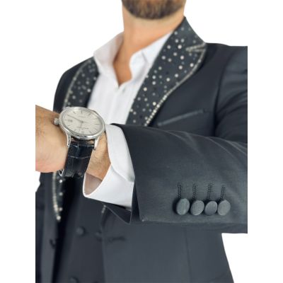 GIOVANNI PERA Garnitur MB02 czarny, ekskluzywny, sceniczny, ozdobne klapy - srebrne, czarne | Sklep GriShop.eu | Garnitury