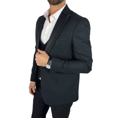 GIOVANNI PERA Garnitur MB03 czarny, ekskluzywny, sceniczny, ozdobne klapy - czarne, dla Pana Młodego i nie tylko | Sklep GriShop