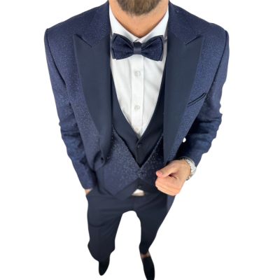 GIOVANNI PERA Garnitur MB07 granatowy - brokatowy, ekskluzywny, sceniczny, z kamizelką ozdobną, dla Pana Mlodego i nie tylko | S