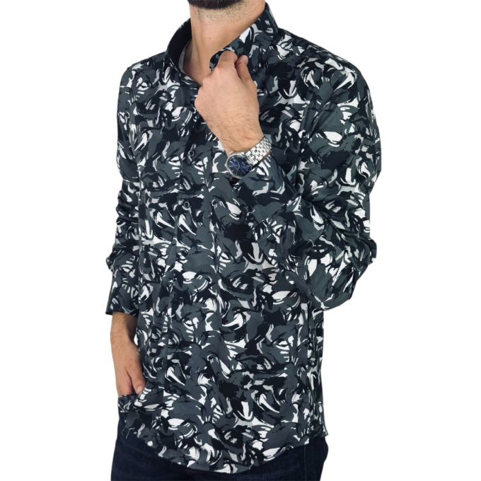 DANIEL BESSI Koszula męska fb140 szary, biały, czarny, maziaje, efekt jedwabiu | Sklep GriShop.eu | Koszule