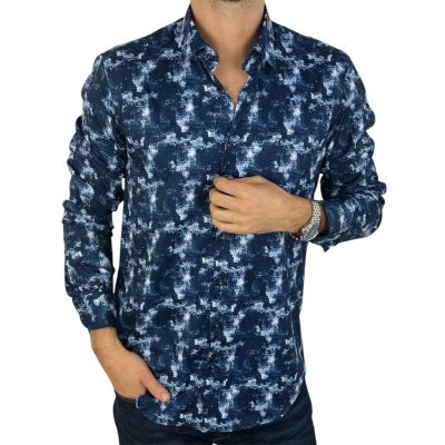 DANIEL BESSI Koszula męska fb113 granatowy, biały maziaje, efekt jedwabiu | Sklep GriShop.eu | Koszule