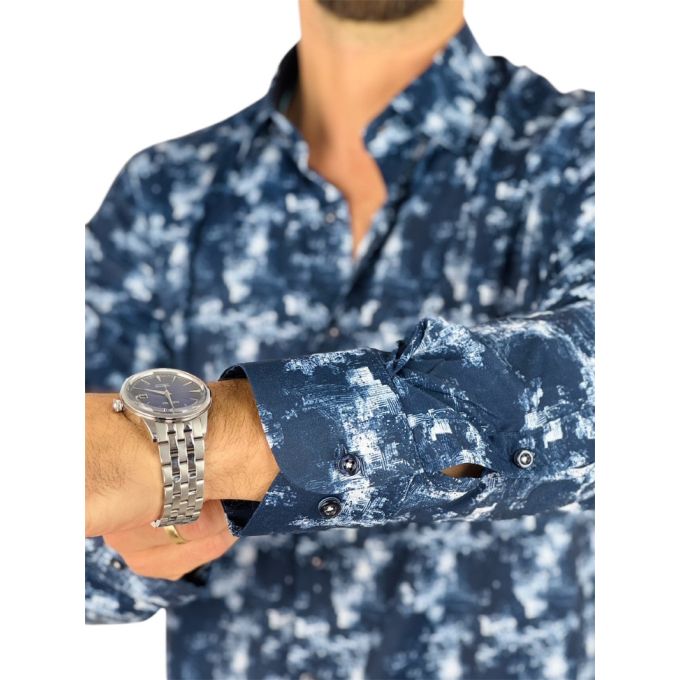 DANIEL BESSI Koszula męska fb113 granatowy, biały maziaje, efekt jedwabiu | Sklep GriShop.eu | Koszule