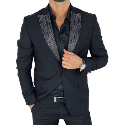 GIOVANNI PERA Marynarka MB01 czarna, ekskluzywna, sceniczna, ozdobne klapy - srebrne , czarne, dla Pana Młodego i nie tylko | Sk