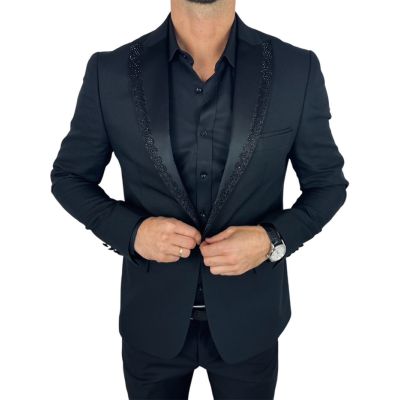 GIOVANNI PERA Marynarka MB03 czarna, ekskluzywna, sceniczna, ozdobne klapy - czarne, dla Pana Młodego i nie tylko | Sklep GriSho