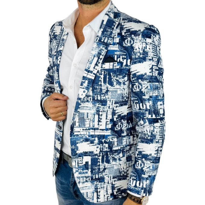 GIOVANNI PERA Marynarka męska D635 biała, niebieska, efekt jeansu | Sklep GriShop.eu | Marynarki