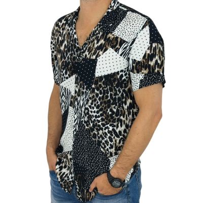 GIOVANNI PERA Koszula męska, krótki rękaw GPK30 brązowa, czarna, pantera, kropki, zebra | Sklep GriShop.eu | Koszule