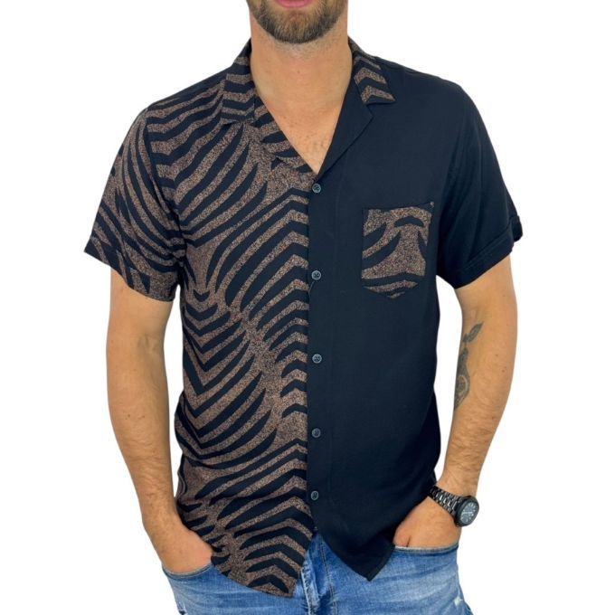 GIOVANNI PERA Koszula męska, krótki rękaw GPK38 czarna, brązowa, paski, zebra | Sklep GriShop.eu | Koszule