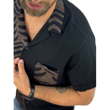 GIOVANNI PERA Koszula męska, krótki rękaw GPK38 czarna, brązowa, paski, zebra | Sklep GriShop.eu | Koszule 2