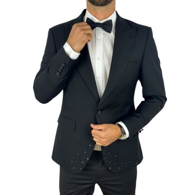 GIOVANNI PERA Garnitur GR3 czarny, ekskluzywny, sceniczny, ozdobne czarne kamienie, dla Pana Mlodego i nie tylko | Sklep GriShop