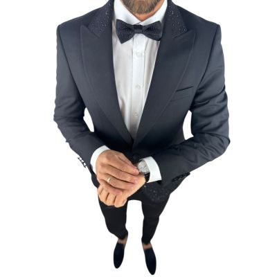 GIOVANNI PERA Garnitur GR3 czarny, ekskluzywny, sceniczny, ozdobne czarne kamienie, dla Pana Mlodego i nie tylko | Sklep GriShop