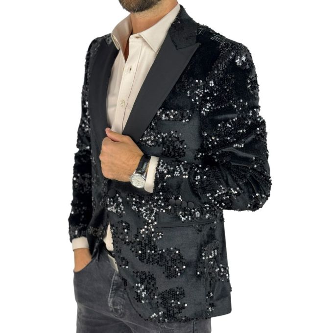 GIOVANNI PERA Marynarka GR1 czarna, ekskluzywna, sceniczna, ozdobne czarne cekiny, dla Pana Mlodego i nie tylko | Sklep GriShop.