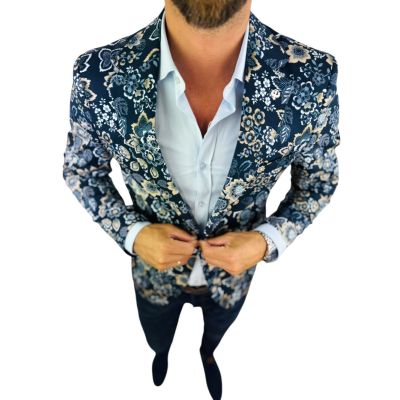MARCO MILANO Marynarka męska C35 granatowa w beżowe kwiaty, liście, casual, | Sklep GriShop.eu | Marynarki