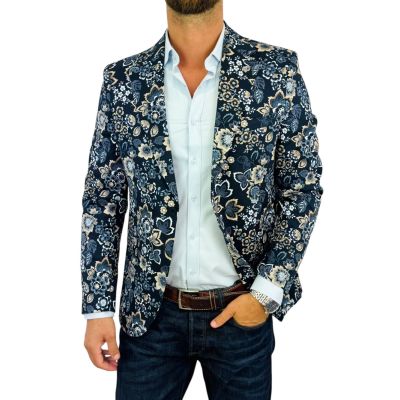 MARCO MILANO Marynarka męska C35 granatowa w beżowe kwiaty, liście, casual, | Sklep GriShop.eu | Marynarki