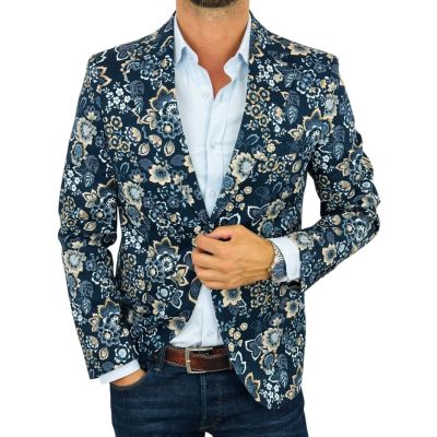 MARCO MILANO Marynarka męska C35 granatowa w beżowe kwiaty, liście, casual, | Sklep GriShop.eu | Marynarki