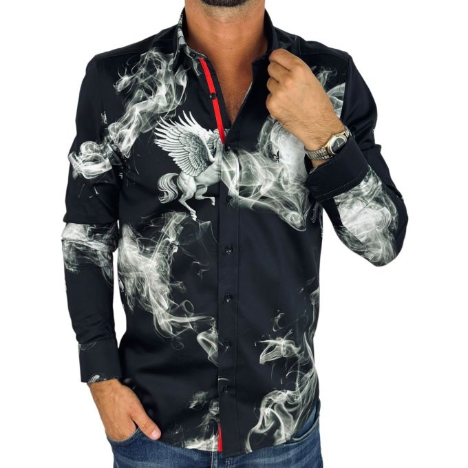 DANIEL BESSI Koszula męska fb132 czarna, DYMY, pegaz | Sklep GriShop.eu | Koszule