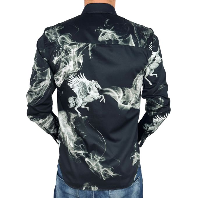DANIEL BESSI Koszula męska fb132 czarna, DYMY, pegaz | Sklep GriShop.eu | Koszule