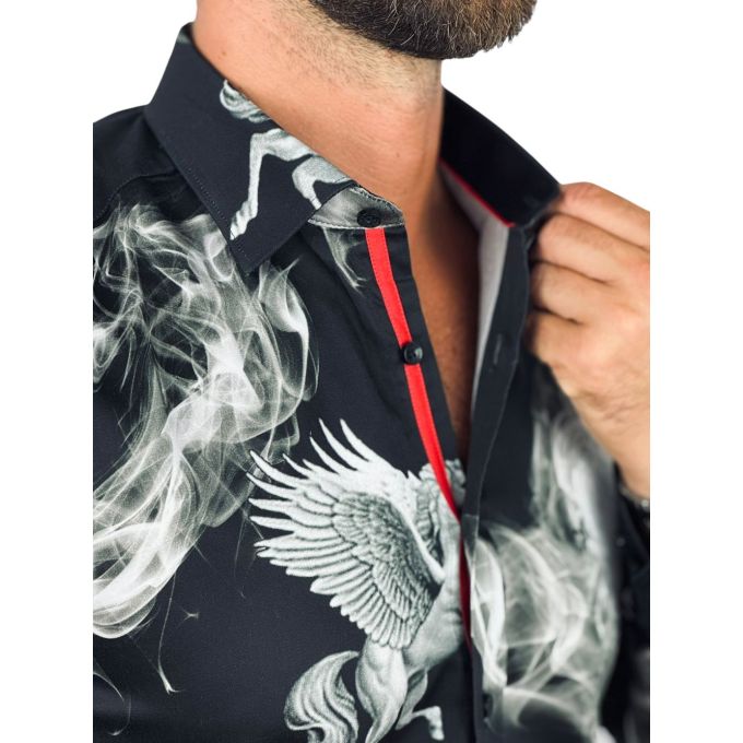 DANIEL BESSI Koszula męska fb132 czarna, DYMY, pegaz | Sklep GriShop.eu | Koszule