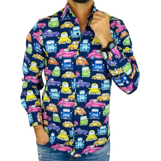 GIOVANNI PERA Koszula męska GP404 granatowa, AUTA kolorowe, wesołe | Sklep GriShop.eu | Koszule