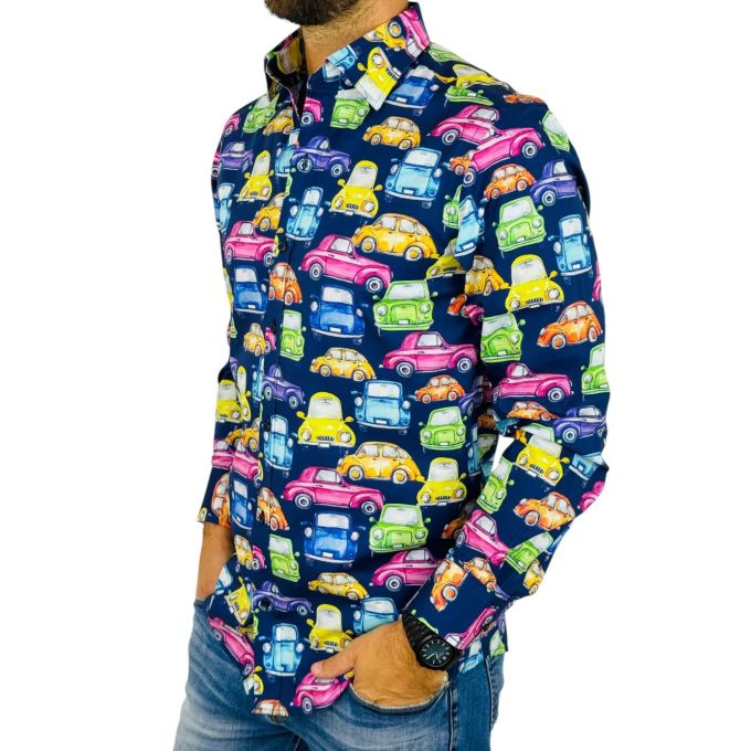 GIOVANNI PERA Koszula męska GP404 granatowa, AUTA kolorowe, wesołe | Sklep GriShop.eu | Koszule
