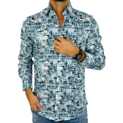 GIOVANNI PERA Koszula męska GP400 niebieska, napisy, gazeta | Sklep GriShop.eu | Koszule