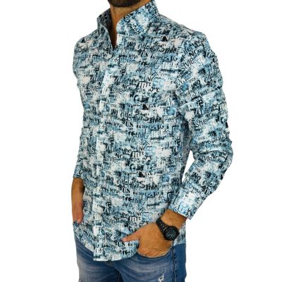 GIOVANNI PERA Koszula męska GP400 niebieska, napisy, gazeta | Sklep GriShop.eu | Koszule