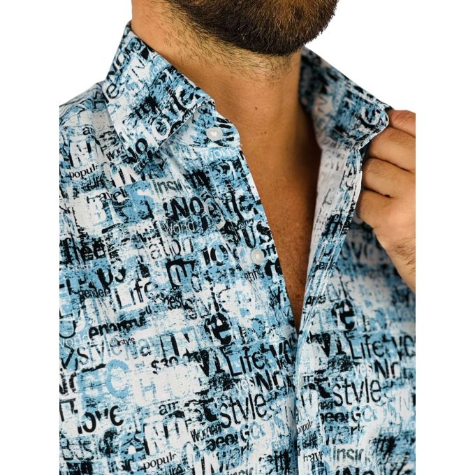 GIOVANNI PERA Koszula męska GP400 niebieska, napisy, gazeta | Sklep GriShop.eu | Koszule