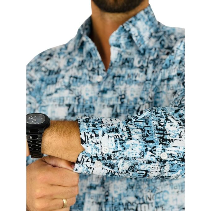 GIOVANNI PERA Koszula męska GP400 niebieska, napisy, gazeta | Sklep GriShop.eu | Koszule