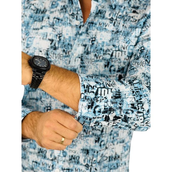 GIOVANNI PERA Koszula męska GP400 niebieska, napisy, gazeta | Sklep GriShop.eu | Koszule