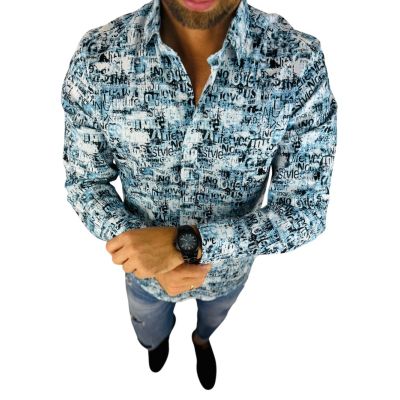 GIOVANNI PERA Koszula męska GP400 niebieska, napisy, gazeta | Sklep GriShop.eu | Koszule