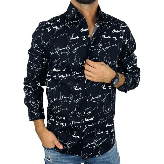 GIOVANNI PERA Koszula męska GP401 czarna, biały wzór, PISMO, napisy | Sklep GriShop.eu | Koszule