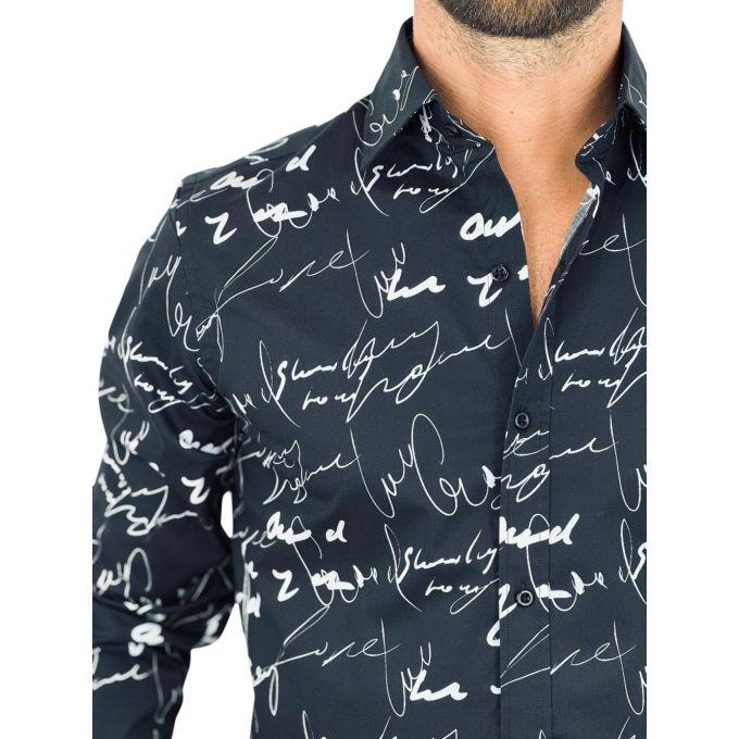 GIOVANNI PERA Koszula męska GP401 czarna, biały wzór, PISMO, napisy | Sklep GriShop.eu | Koszule