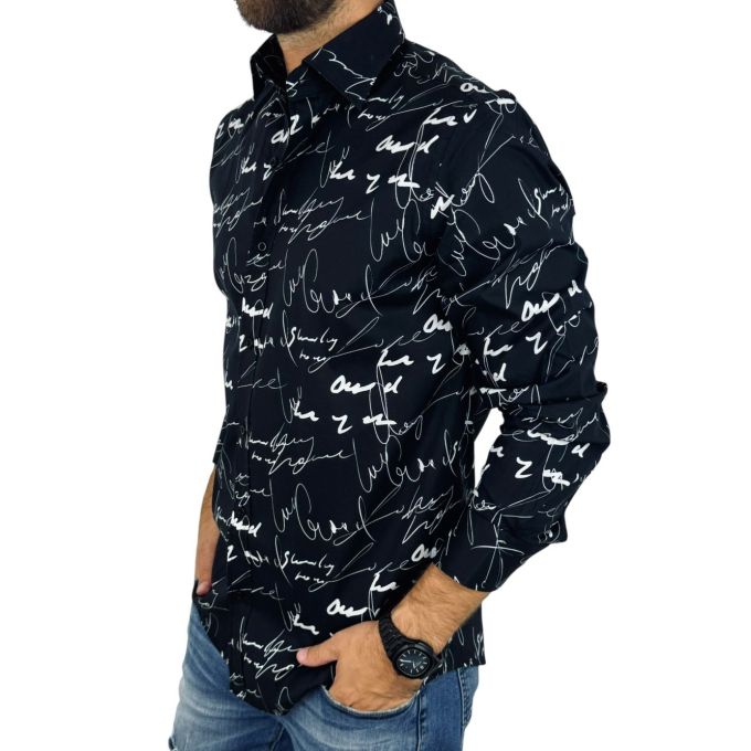 GIOVANNI PERA Koszula męska GP401 czarna, biały wzór, PISMO, napisy | Sklep GriShop.eu | Koszule