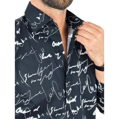 GIOVANNI PERA Koszula męska GP401 czarna, biały wzór, PISMO, napisy | Sklep GriShop.eu | Koszule
