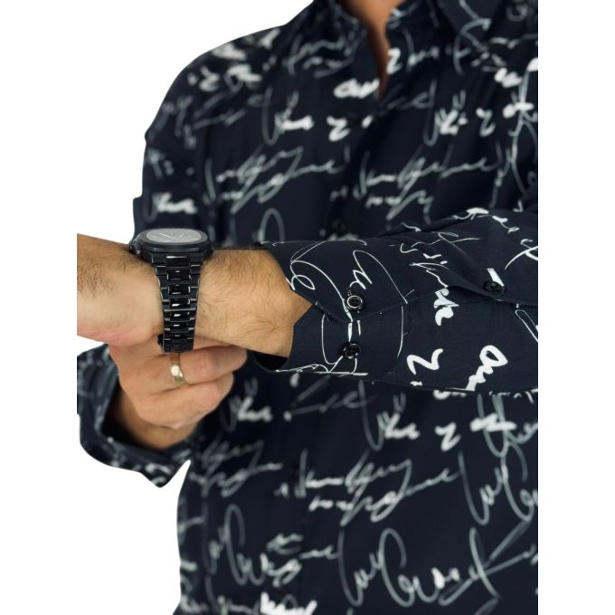 GIOVANNI PERA Koszula męska GP401 czarna, biały wzór, PISMO, napisy | Sklep GriShop.eu | Koszule