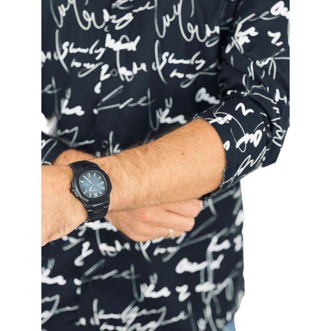 GIOVANNI PERA Koszula męska GP401 czarna, biały wzór, PISMO, napisy | Sklep GriShop.eu | Koszule