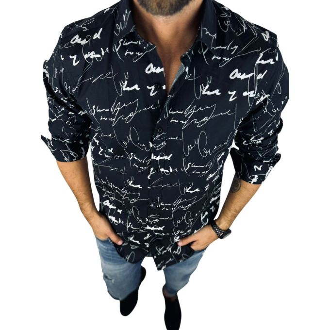GIOVANNI PERA Koszula męska GP401 czarna, biały wzór, PISMO, napisy | Sklep GriShop.eu | Koszule