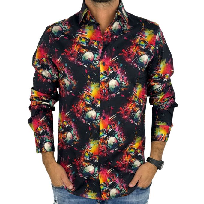 GIOVANNI PERA Koszula męska GP426 muzyczna, kolorowa perkusja, czarne tło | Sklep GriShop.eu | Koszule